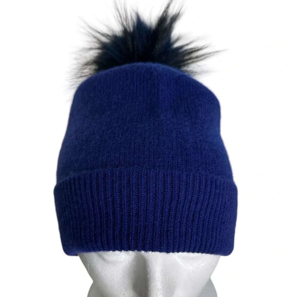 Nordstrom Rack Cashmere Ribbed Knit Beanie Faux Fur Pom Pom Cuff New!